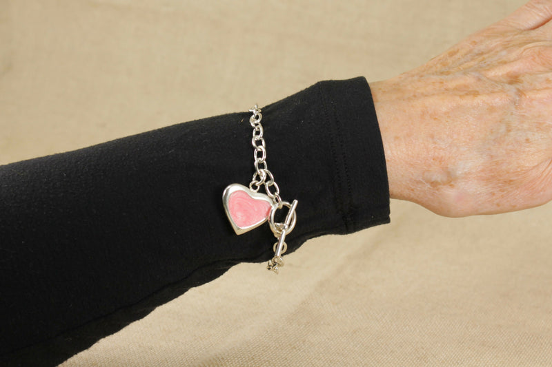Silver Bracelet with T Bar and Pink Heart Charm
