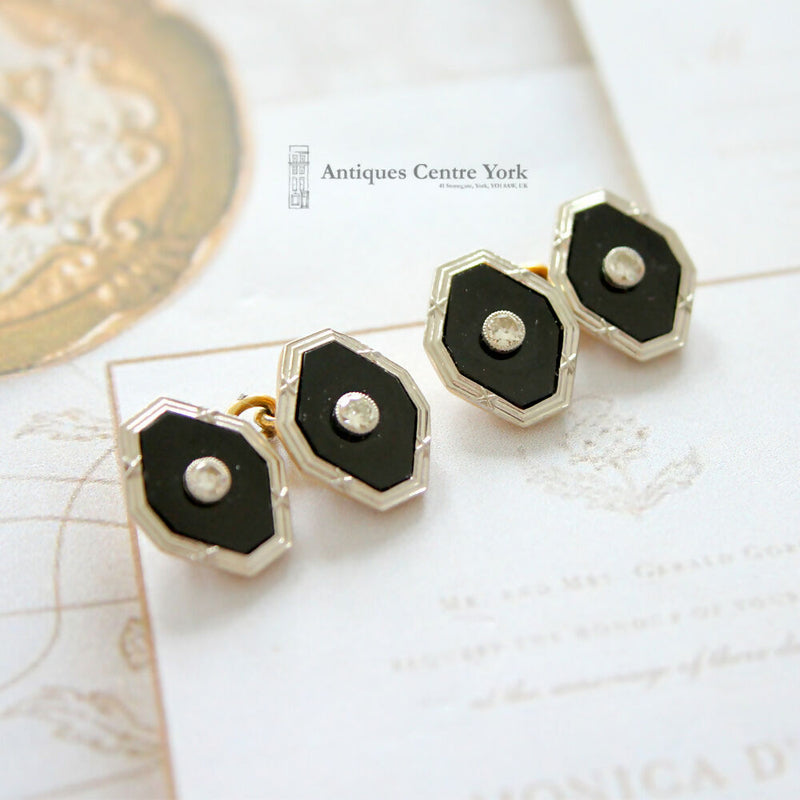 Edwardian 18ct Gold, Platinum, Black Onyx & Diamond Cufflinks