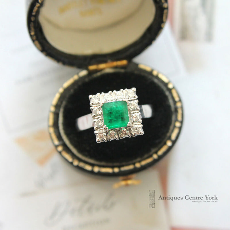 18ct White Gold Emerald & Diamond Square Cluster Ring