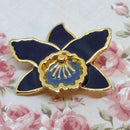Gold Tone & Navy Blue Enamelled Orchid Brooch