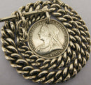 Heavy Antique Solid Sterling Silver Albert Pocket Watch Chain t-Bar & Coin Fob Bir 1901