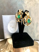 Vintage Christian Dior Emerald Green, Black Enamel Gold Plate Clip Earrings in CD Box