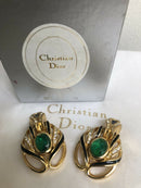 Vintage Christian Dior Emerald Green, Black Enamel Gold Plate Clip Earrings in CD Box
