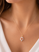 9ct Gold Opal & Orange Gemstone Floral Cluster Pendant on 9ct Gold Chain