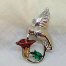 Vintage-Style Enamelled Hummingbird & Trumpet Flower Brooch