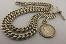 Antique Solid Silver Double Albert Watch or Neck Chain & Fob 23 inch Long Bir 1902