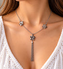 925 Sterling Silver Plumeria Flower Necklace with Tassel Drop – 19.5 Inches