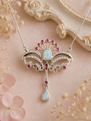 Art Nouveau Style Sterling Silver Opal and Ruby Statement Necklace