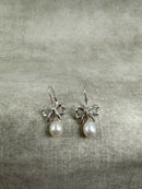 Vintage 925 Silver Cultured Pearl Bow Drop Earrings