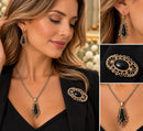 925 Sterling Silver & Black Onyx Jewellery Set – Necklace, Earrings & Brooch