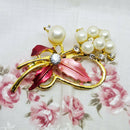 Gold Tone Faux Pearl & Faux Diamond Bow Brooch