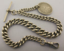 Heavy Antique Solid Sterling Silver Albert Pocket Watch Chain t-Bar & Coin Fob Bir 1901