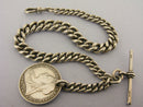 Heavy Antique Solid Sterling Silver Albert Pocket Watch Chain t-Bar & Coin Fob Bir 1901