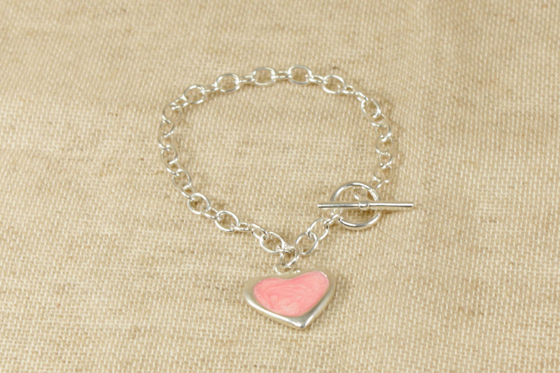 Silver Bracelet with T Bar and Pink Heart Charm