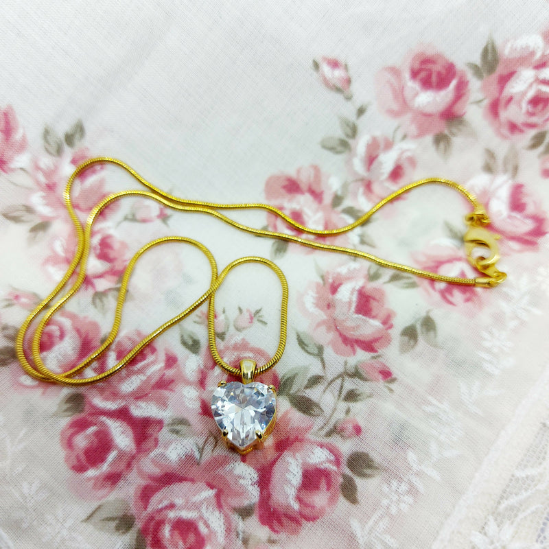 Gold Tone Faux Diamond Heart Pendant & Chain