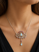 Art Nouveau Style Sterling Silver Opal and Ruby Statement Necklace