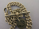 Antique Solid Sterling Silver Albert Pocket Watch Chain t-Bar & 3 Coin Fobs Bir 1910