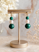 9ct Gold Malachite & Faux Pearl Drop Earrings