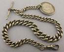Heavy Antique Solid Sterling Silver Albert Pocket Watch Chain t-Bar & Coin Fob Bir 1901