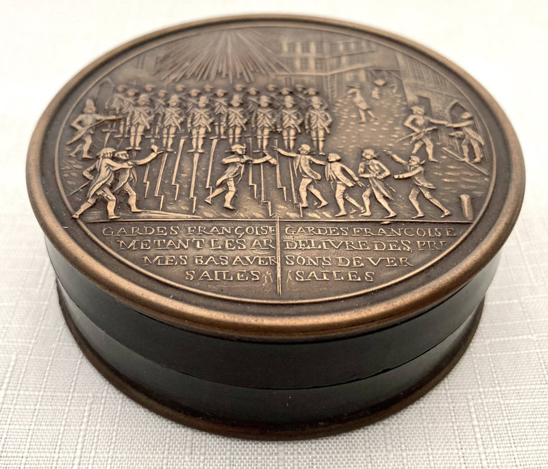 French Bronzed Metal & Bois Durci Snuff Box Depicting Guards at Versailles.