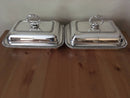 Pair of late Georgian Old Sheffield Plate crested entree dishes with covers and detachable handles.