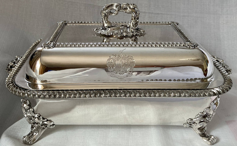 Georgian, George IV, Pair of Old Sheffield Plate Entree Dishes & Covers on Warming Stands. Marital Arms of Dickson & Huntley, circa 1820 - 1830.