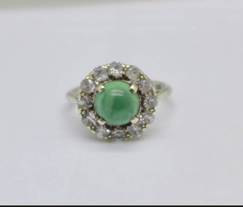 Hallmarked 9ct White Gold Malachite Cabochon & Winter Spinal Ring - Size N