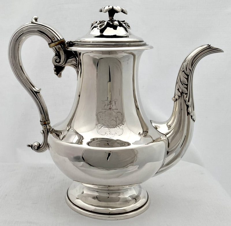 William IV Silver Armorial Coffee Pot. Sheffield 1835 Hawksworth & Eyre. 23.9 troy ounces.
