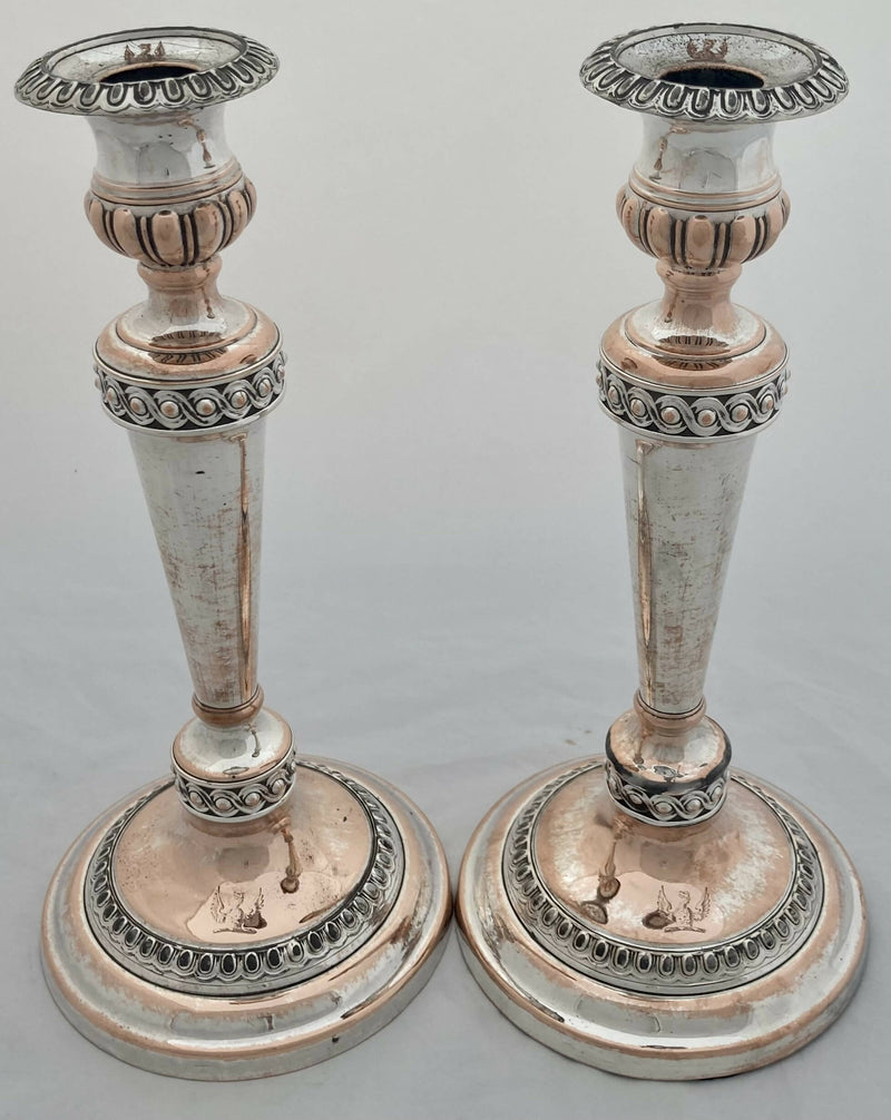 Georgian, Pair of Old Sheffield Plate Crested Candlesticks, circa 1820.