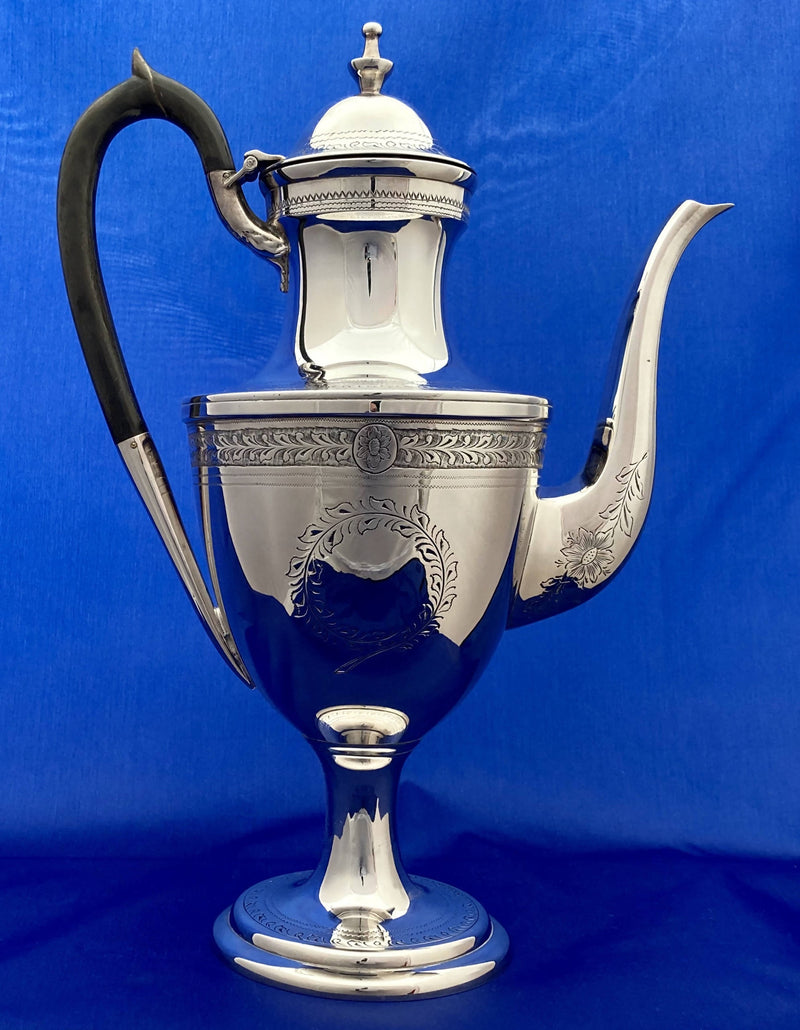 George III Style Silver Plated Pedestal Coffee Pot, circa 1890 - 1910.