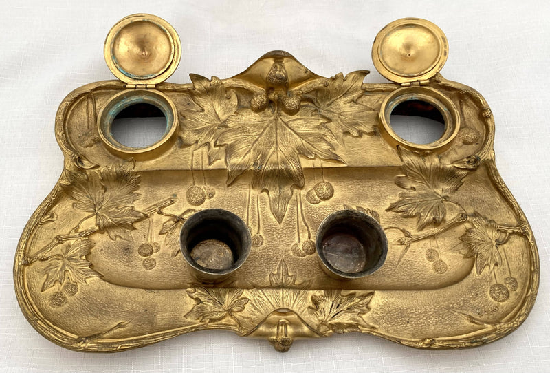 Late 19th Century French Gilt Bronze Naturalistic Desk Set, Signed E. Gros.