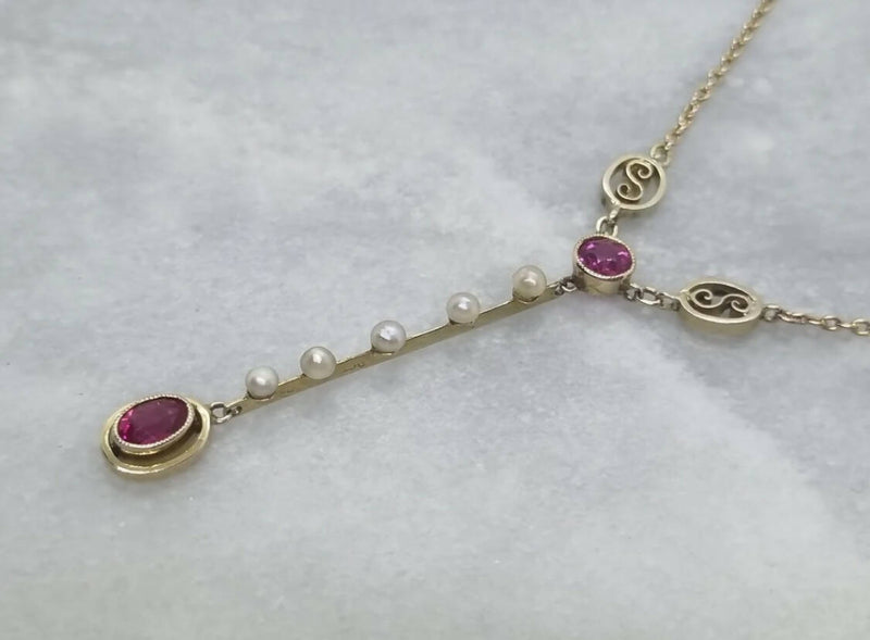 Murrle Bennett & Co 9ct Yellow Gold Art Nouveau Hallmarked 1910 Pink Sapphire, Ruby & Pearl Drop Necklace
