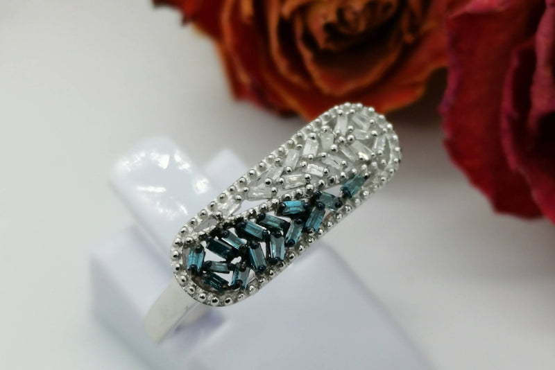 New Blue and White Diamonds (BGT) 925 Sterling Silver with Platinum Overlay Ring (Size O)