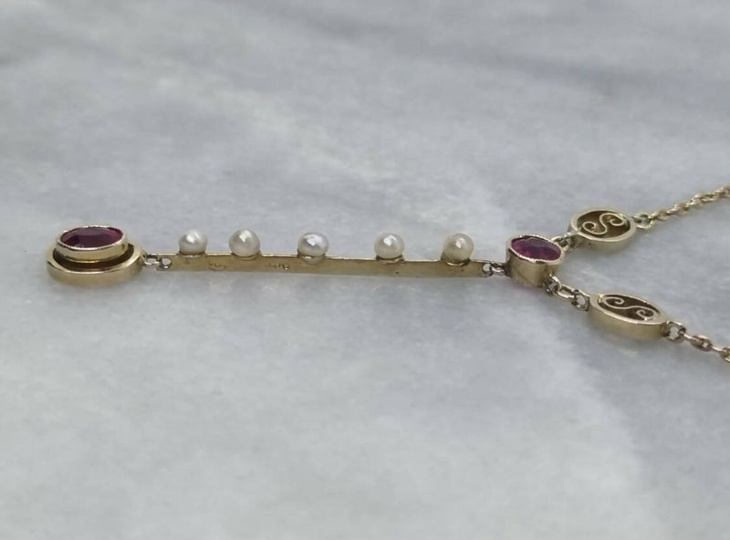 Murrle Bennett & Co 9ct Yellow Gold Art Nouveau Hallmarked 1910 Pink Sapphire, Ruby & Pearl Drop Necklace