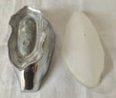 French novelty silver plated mignonette sauce dish and cover, with glass liner, in the form of an oyster shell. Signed M. Gouaille.