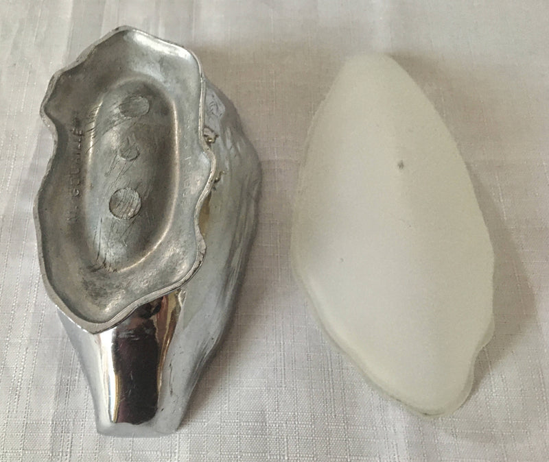 French novelty silver plated mignonette sauce dish and cover, with glass liner, in the form of an oyster shell. Signed M. Gouaille.