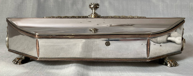 19th century Sheffield Plated octagonal inkstand with lion mask handles & lion paw feet, circa 1830 - 1850.