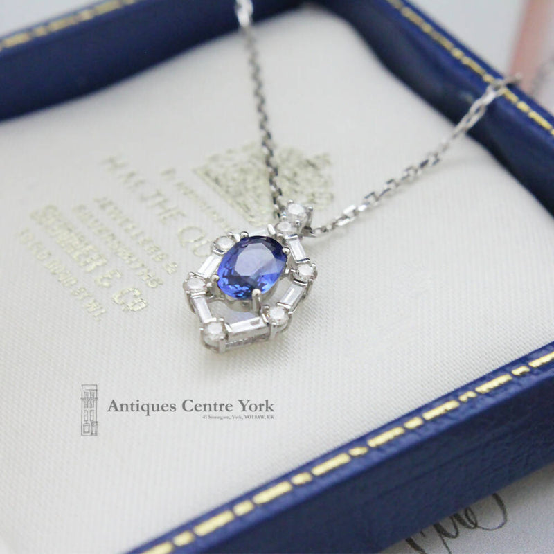 Art Deco Style 18ct White Gold Sapphire & Diamond Pendant