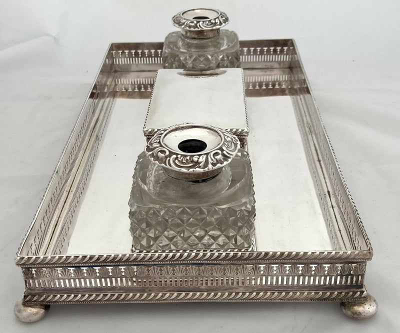 Georgian Old Sheffield Plate Large Gallery Desk Stand, circa 1820.