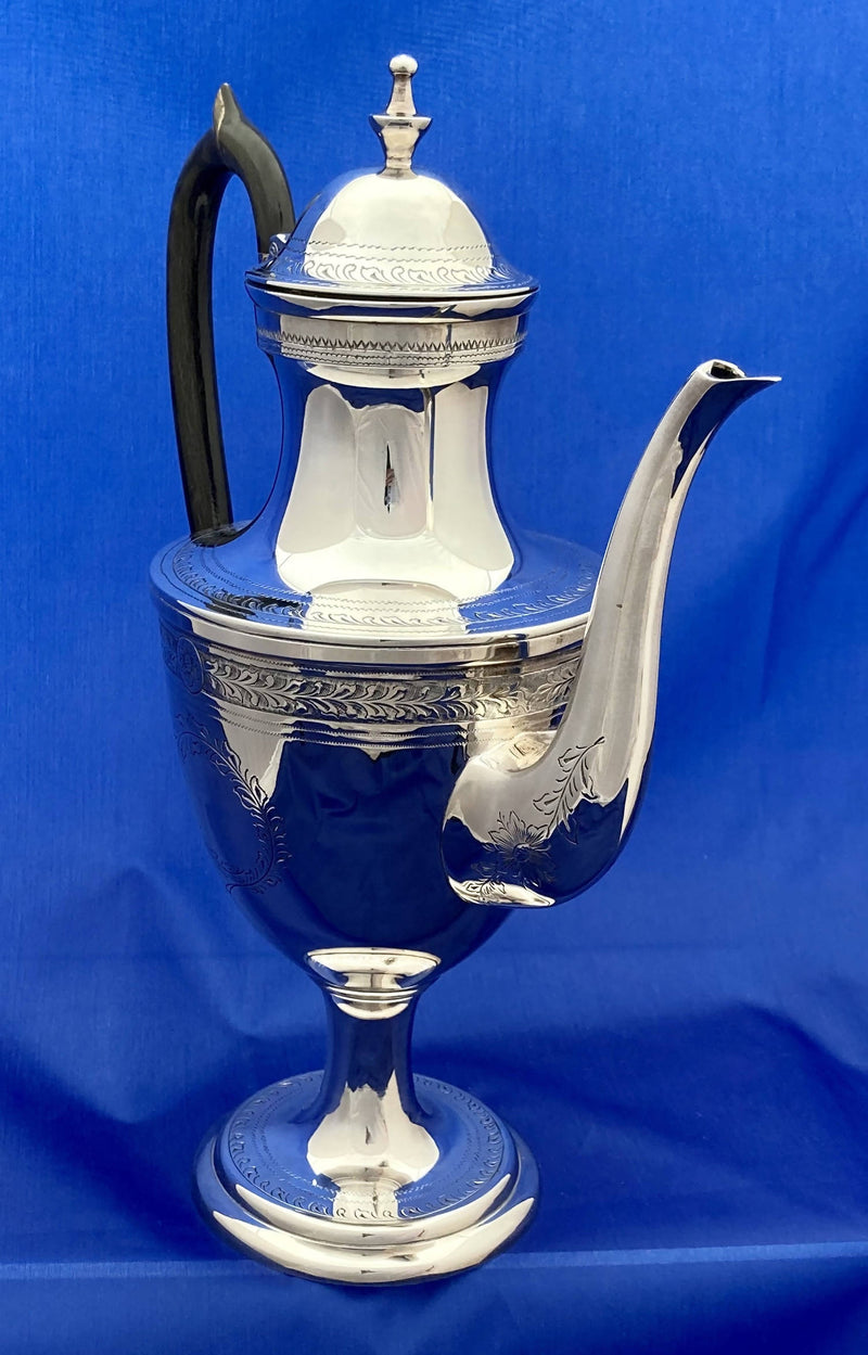 George III Style Silver Plated Pedestal Coffee Pot, circa 1890 - 1910.