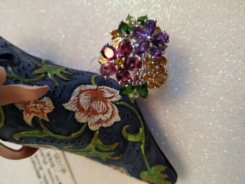 New Multi Gem Stone Floral Ring Size N/O