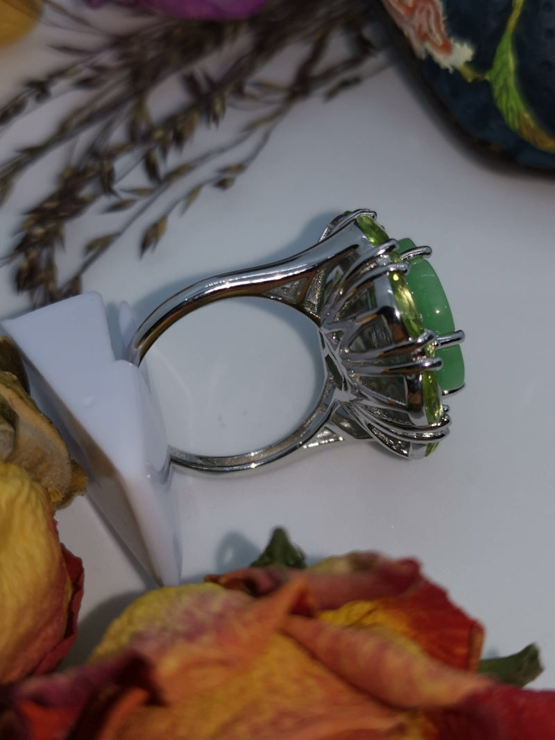 New Green Jade, Peridot and Natural Cambodian White Zircon Carved Jade Ring (Size P) in Rhodium Overlay Sterling Silver