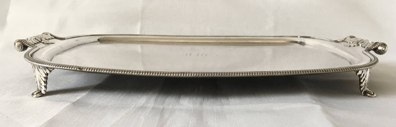 Georgian, George III, Old Sheffield Plate, twin handled waiter on leaf feet. Circa 1800.