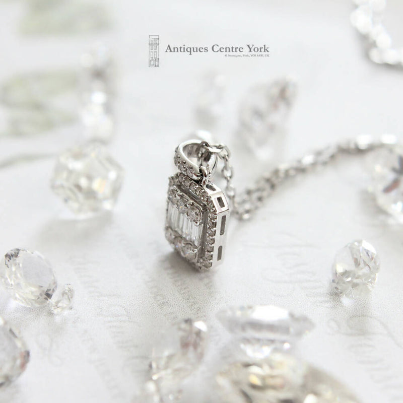 18ct White Gold Baguette & Brilliant Diamond Cluster Pendant 0.53ct