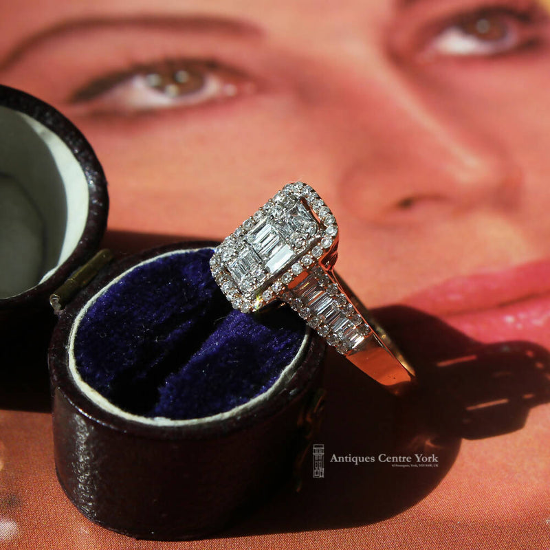 18ct Rose Gold Baguette & Brilliant Cut Diamond Rectangular Cluster Ring