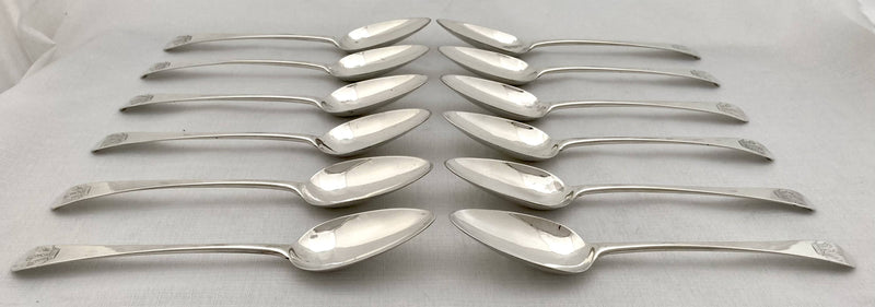Georgian, George III, Set of Twelve Crested Silver Tablespoons. Newcastle 1800, John Langlands II. 25.7 troy ounces.