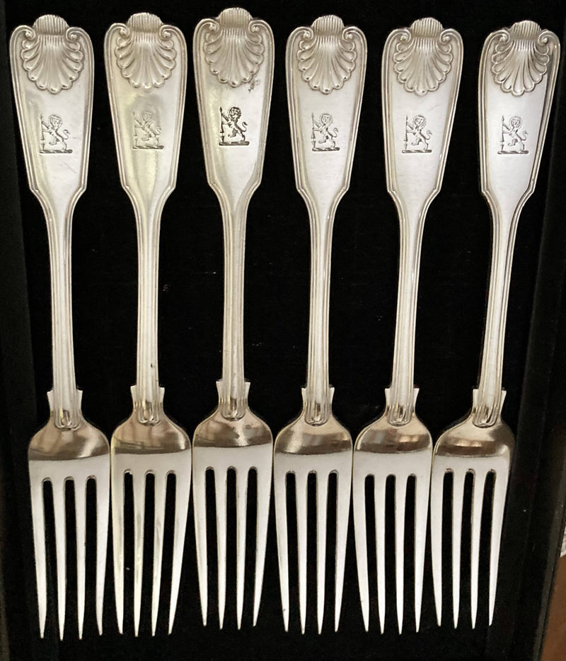 Victorian set of Six Double Struck Silver Plated Crested Table Forks. William Hutton & Sons.