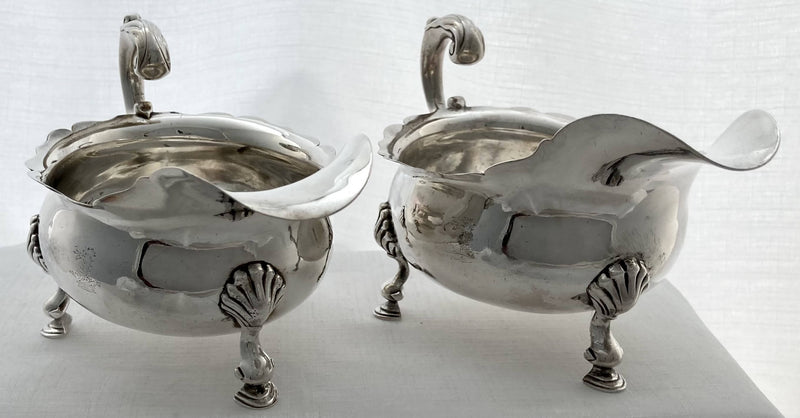 Georgian, George II, Pair of Crested Silver Sauce Boats. London circa 1739 - 1755, probably Henry Brind. 18.6 troy ounces.