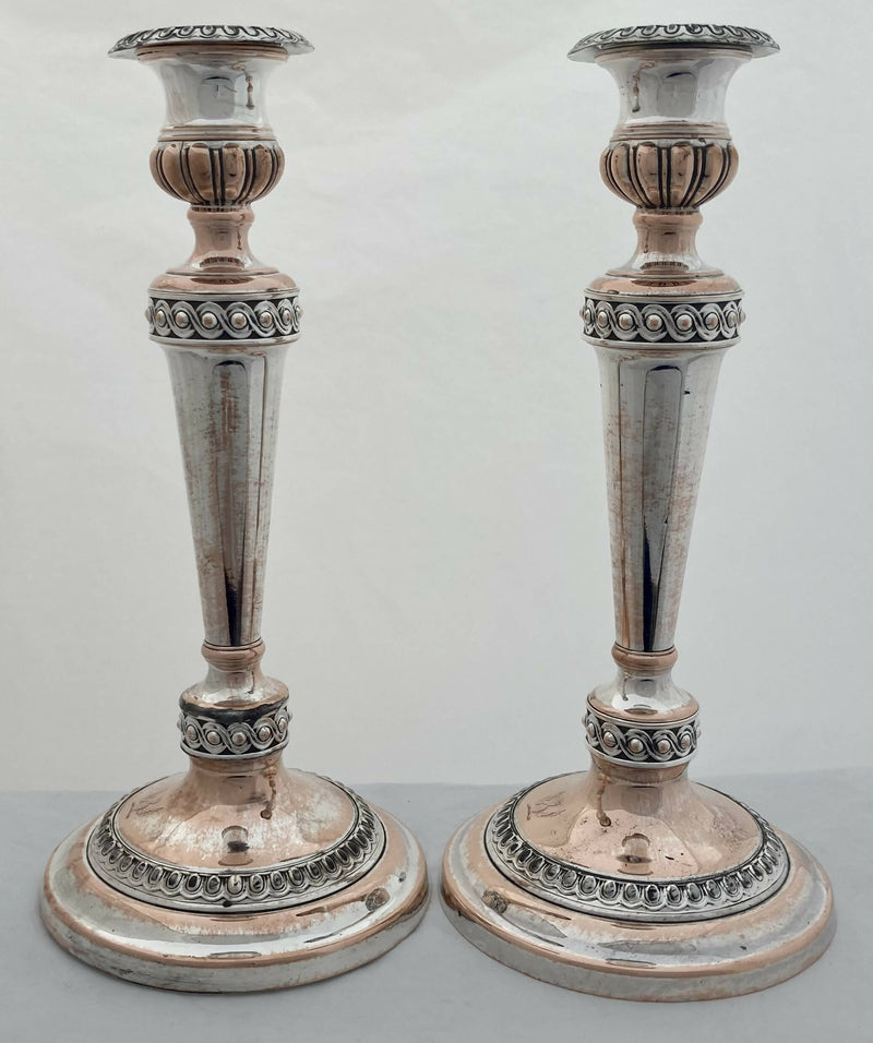 Georgian, Pair of Old Sheffield Plate Crested Candlesticks, circa 1820.