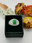 New Natural Green Jade and Zircon Sterling Silver Statement Ring - Size N/O